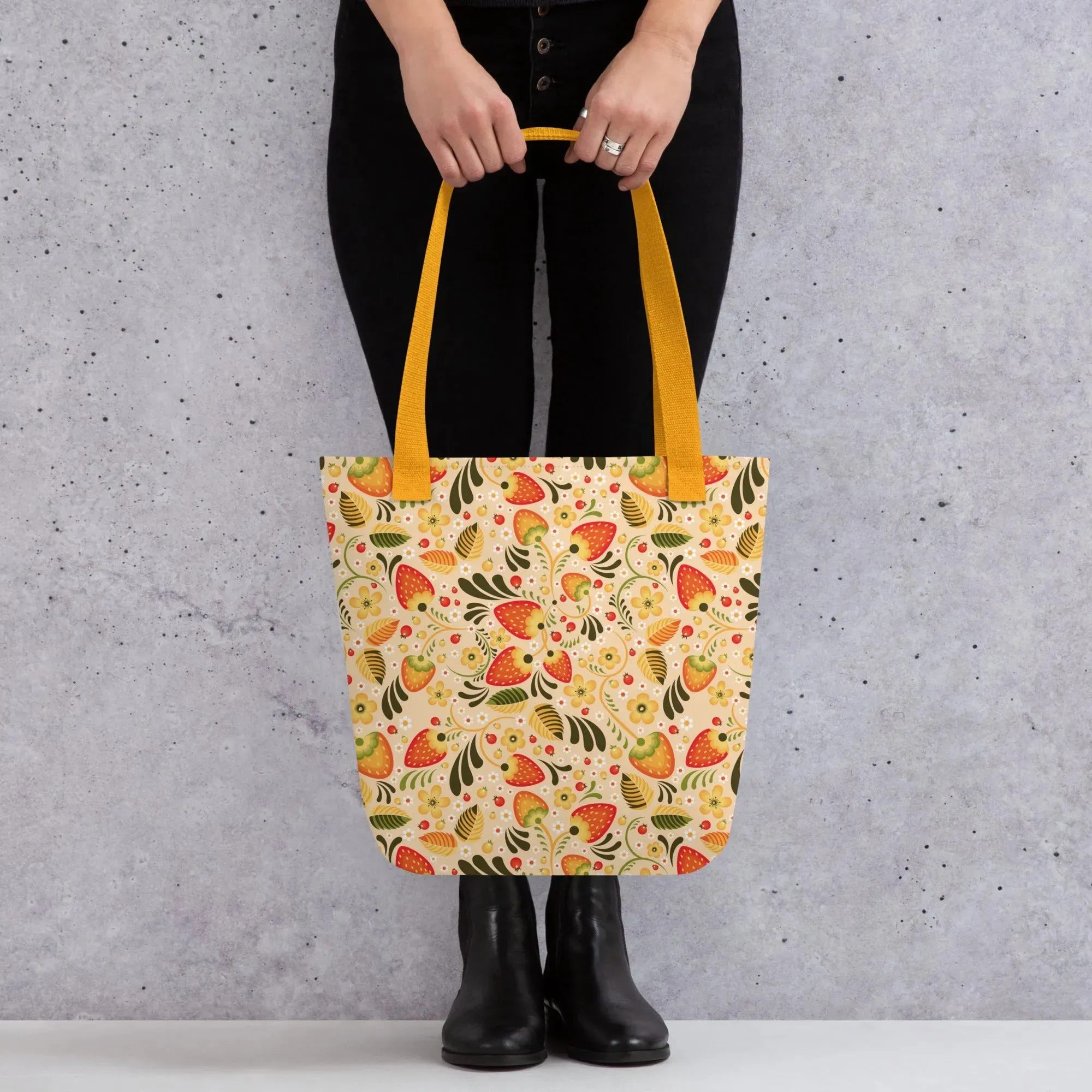 Russian Beige Khokhloma Strawberry Tote Bag